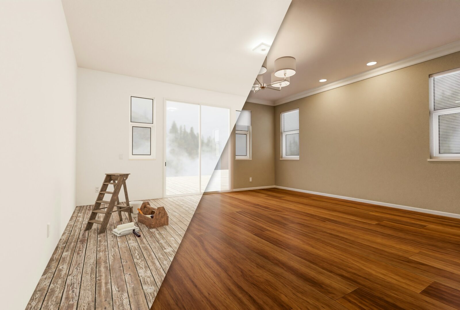 A newly restored wooden floor, polished and refinished, showcasing a smooth and vibrant surface with a rich, uniform color